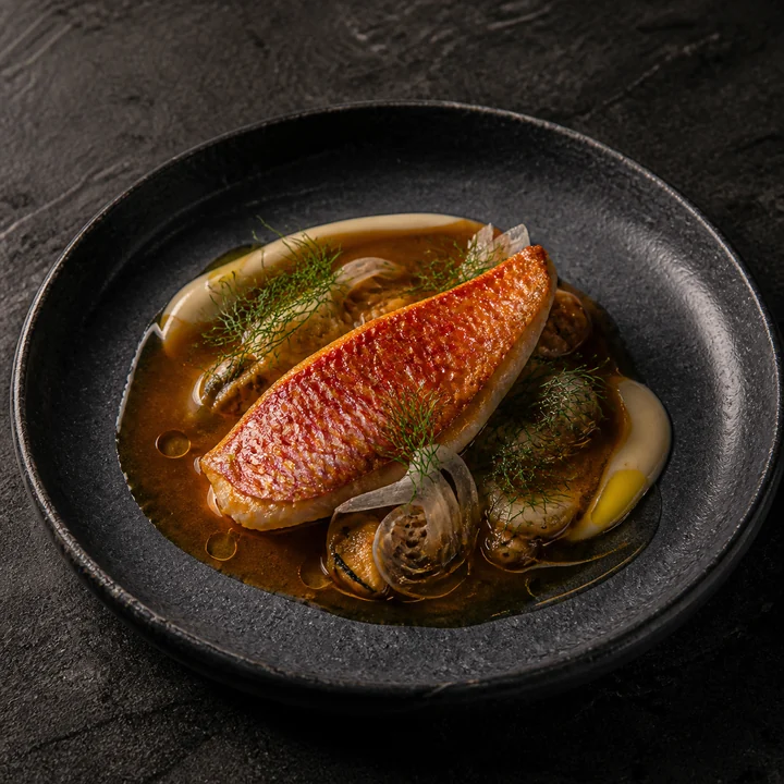 Salmonete con suquet tostado y azafrán